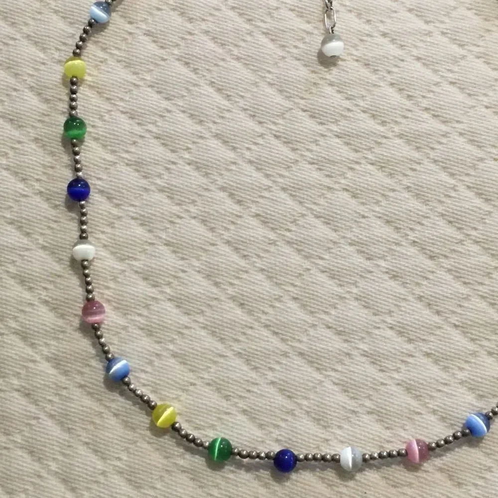 VTG Sterling Silver Multicolor Cats Eye Station Beaded Choker Necklace Extension